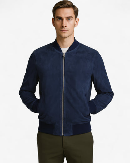 Navy Suede Bomber Jacket